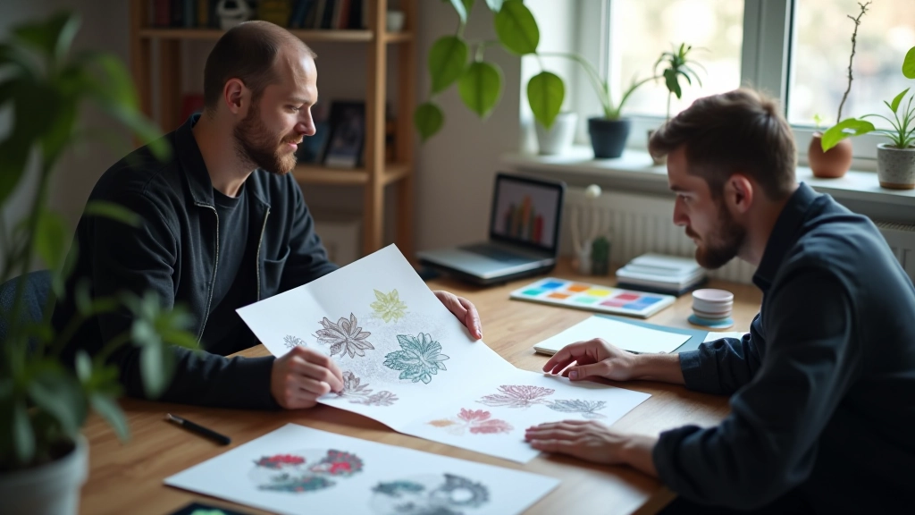 Sanat yönetmeni, konsept taslaklarını ve AI tarafından oluşturulan görselleri karşılaştırıyor, masada renkli çalışmalar