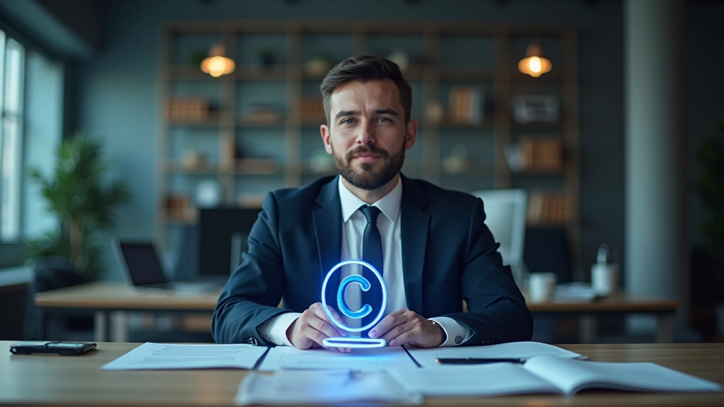 Telif hakkı sembolü ve sanat eserlerinin dijital gösterimi, yasal belgeler arka planda, profesyonel ofis ortamı