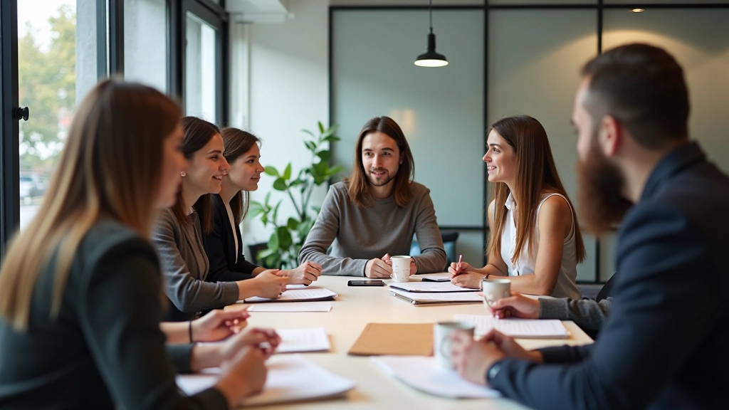 Sanat tartışması, yaratıcı profesyoneller bir masa etrafında toplanmış, fikir alışverişi yapıyor