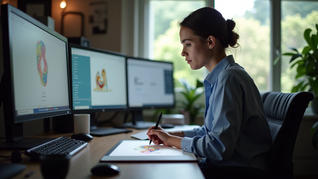 İllüstratör, grafik tablet ve dijital araçlar kullanarak sanat yaratıyor, modern yaratıcı ofiste çalışıyor