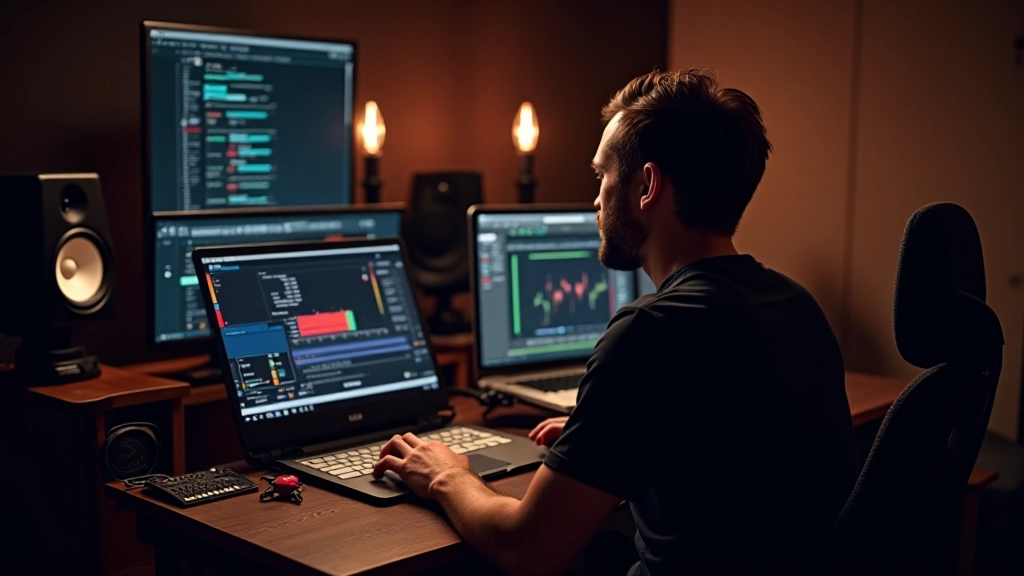 Müzisyen, bilgisayarında müzik prodüksiyonu yapıyor, profesyonel ses stüdyosu ortamında