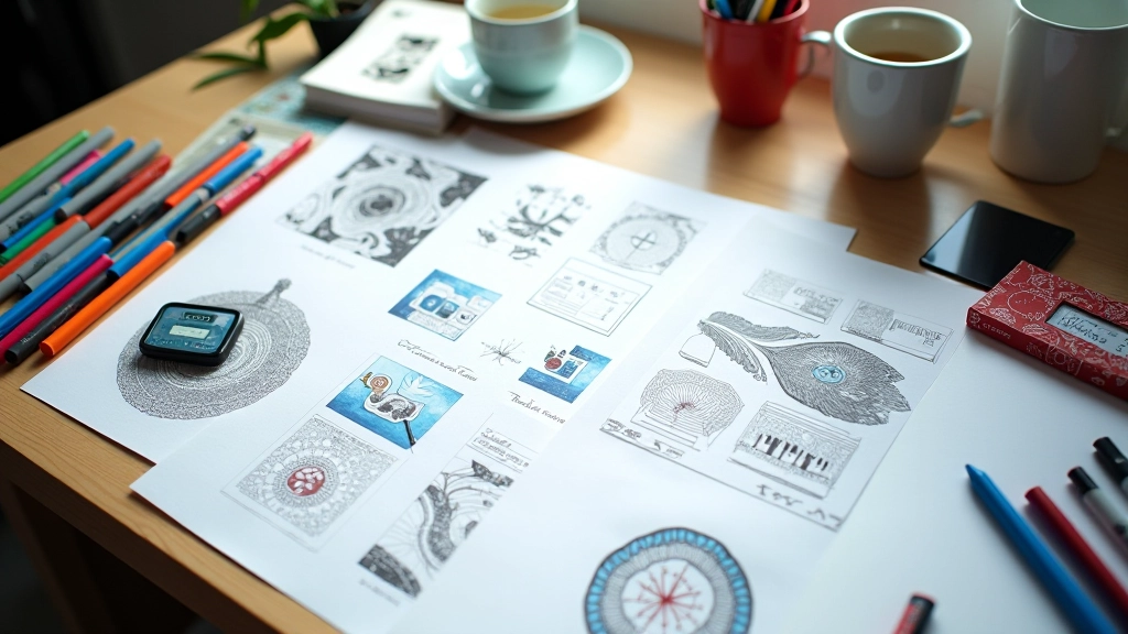 Tasarımcının masası, Midjourney sonuçları yazdırılmış kağıtlar üzerinde, renk önerileri ve notlar, kalem ve marker